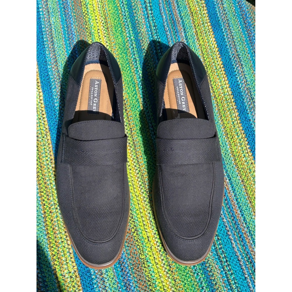 Aston Grey Lascano Mens 11.5 Grey Textile Herringbone Loafers Navy Heel Slip On